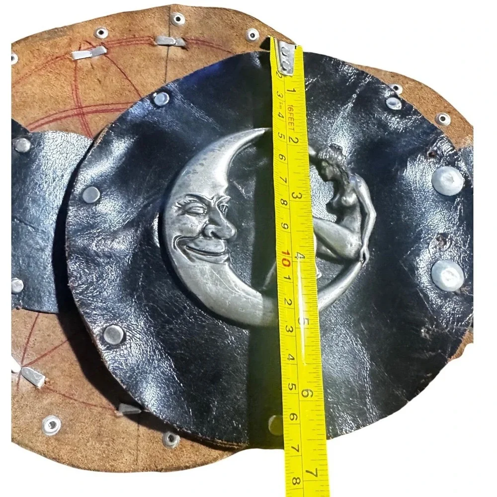 Vintage Handmade Black Leather‎ Celestial Moon Nude Lady Studded Wide Waist Belt